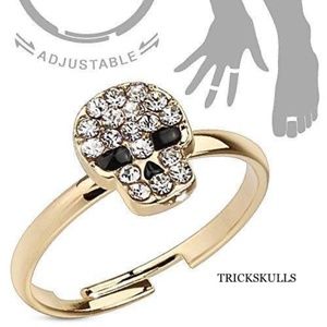 Gold Tone Adjustable Cubic Zirconia Pave Skull Toe Ring Open Mid Ring Sz 3.5 - 7